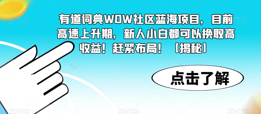 有道词典WOW社区蓝海项目，目前高速上升期，新人小白都可以赚取高收益！抓住时机赶紧布局！【揭秘】
