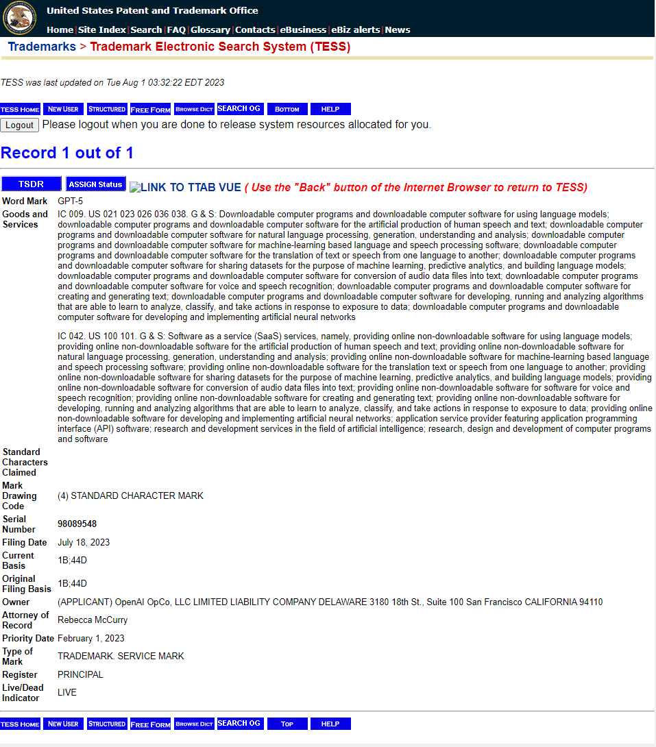 GPT-5来了？美国专利局信息显示，OpenAI 已提交 GPT-5 商标申请