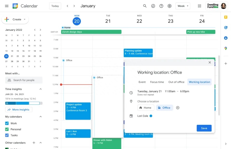 Google Calendar 现在让你显示不同时间的所在地点