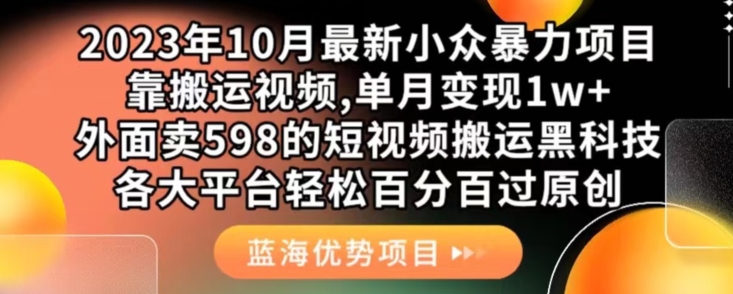 图片[1]-2023年10月最新小众暴力项目，靠搬运视频,单月变现1w+，外面卖598的短视频搬运黑科技，各大平台轻松百分百过原创-蛙蛙资源网