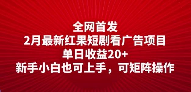 全网首发，2月最新红果短剧看广告项目，单日收益20+，新手小白也可上手，可矩阵操作