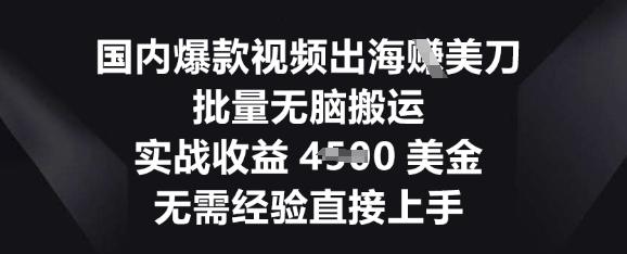 国内爆款视频出海挣美刀，批量无脑搬运，实战收益4.5k，无需经验直接上手