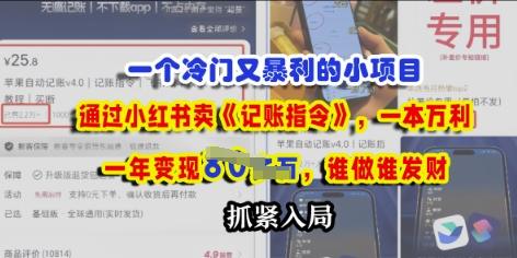 一个冷门需求，通过小红书卖《记账指令》，一本万利，谁做谁发，抓紧入局