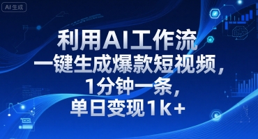 利用AI工作流一键生成爆款短视频，1分钟一条，单日变现1k+