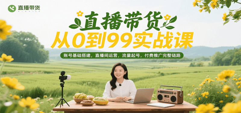 直播带货从0到99实战课，账号基础搭建，直播间运营，流量起号，付费推广完整链路