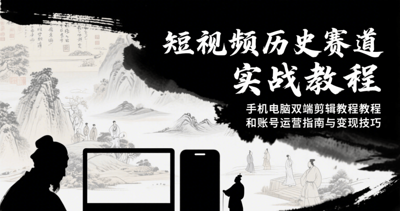 短视频历史赛道实战教程，手机电脑双端剪辑教程和账号运营指南与变现技巧