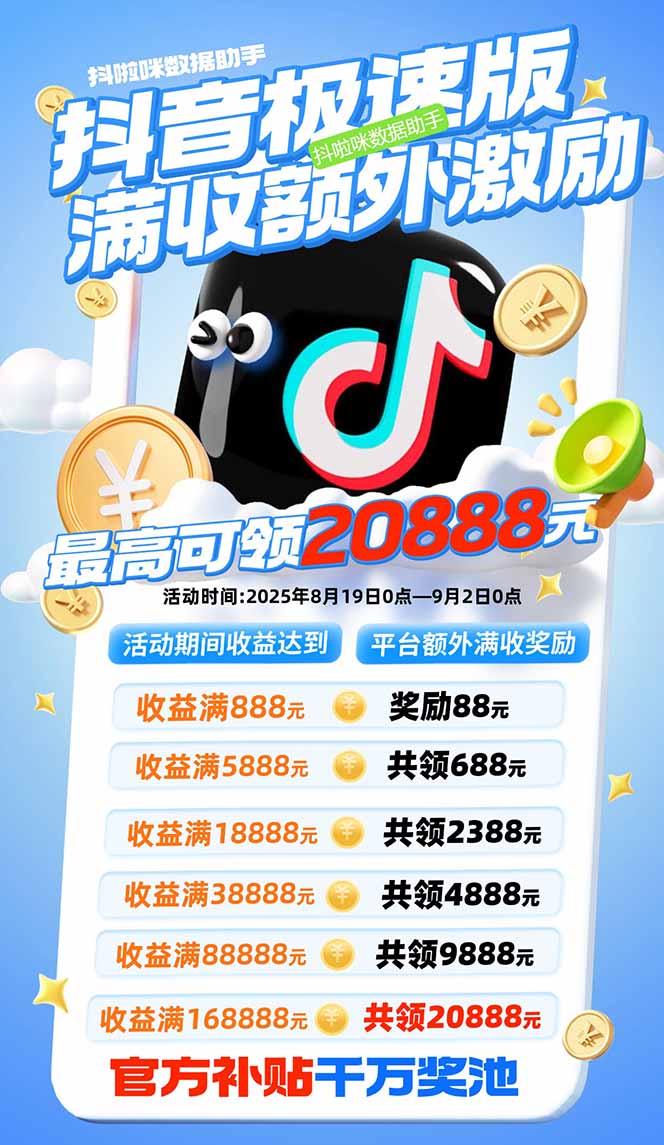 抖音极速版拉新，平台大力扶持，每单15元，万播转化无上限，平台额外满&#8230;