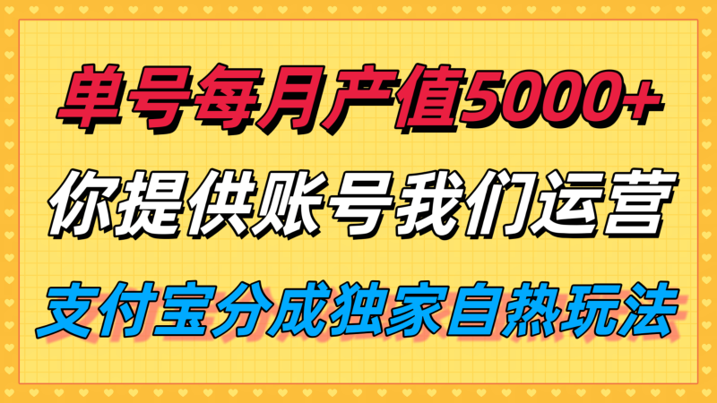 单月产值5000+，支付宝分成代运营，你提供账号坐等分钱，我们帮你运营