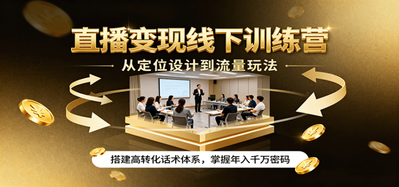 直播变现线下训练营，从定位设计到流量玩法，搭建高转化话术体系，掌握年入千万密码