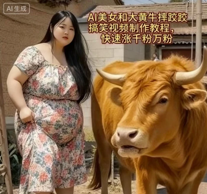 AI美女和大黄牛摔跤搞笑荒诞视频制作教程，快速涨千粉万粉