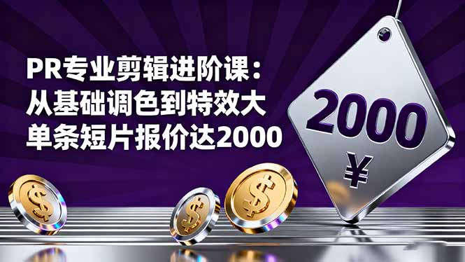 PR专业剪辑进阶课：从基础调色到特效大片的进阶技能，单条短片报价达2000