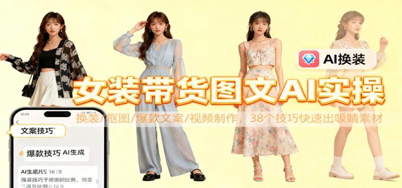 女装带货图文AI实操，换装/抠图/爆款文案/视频制作，38个技巧快速出吸睛素材