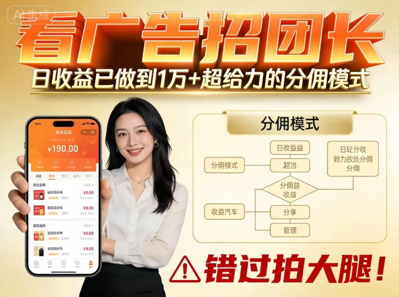 看广告招团长，团队收益已做到日入1万，分佣模式超给力，错过拍大腿