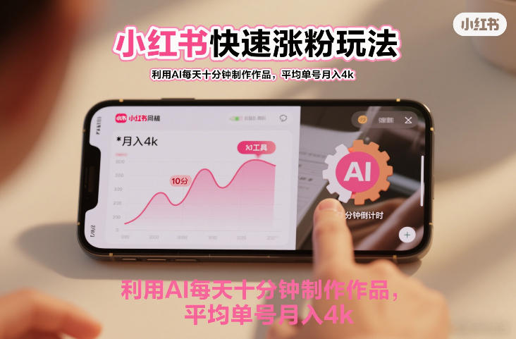 小红书快速涨粉玩法，利用AI每天十分钟制作作品，平均单号月入4k