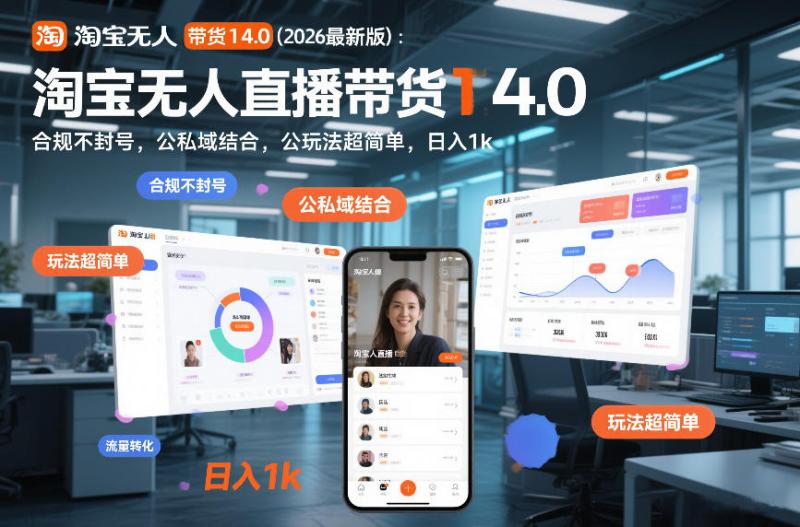 淘宝无人直播带货14.0（2026最新版）：合规不封号，公私域结合，玩法超简单，日入1k+【揭秘】