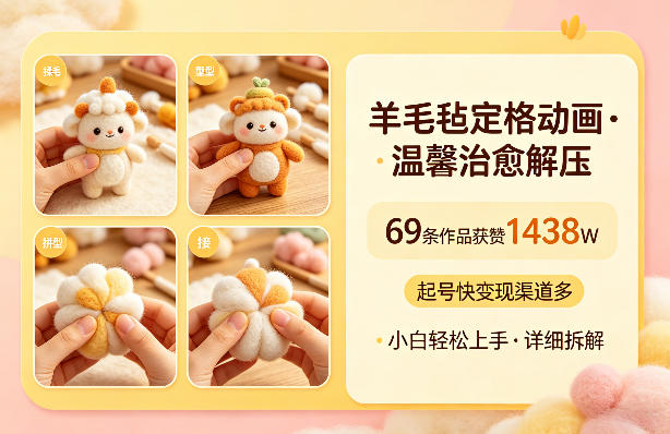 羊毛毡定格动画，温馨治愈解压，69条作品获赞1438W，起号快变现渠道多，小白轻松上手，详细拆解