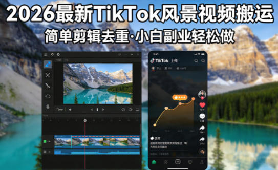 2026最新TikTok风景视频搬运简单剪辑去重，小白副业月入8k