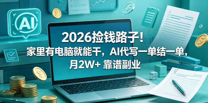 2026捡钱路子！家里有电脑就能干，AI代写一单结一单，月2W+ 靠谱副业