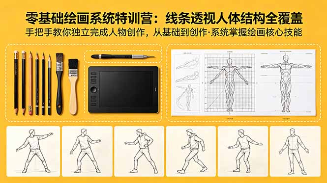 （18615期）零基础绘画系统特训营：线条透视人体结构全覆盖，手把手教你独立完成人物创作