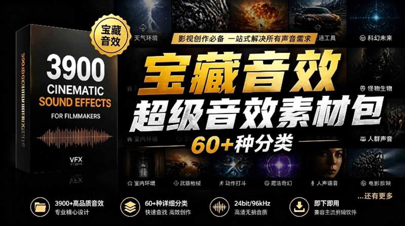（18660期）宝藏音效合集包！60+多种音效分类，共计3900个，分类清晰，全中文分类，高品质剪辑音效素材包