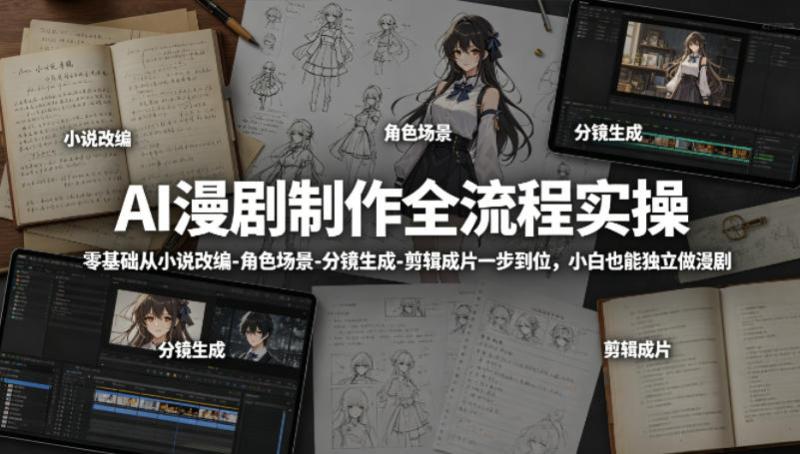AI漫剧制作全流程实操，零基础从小说改编-角色场景-分镜生成-剪辑成片一步到位，小白也能独立做漫剧