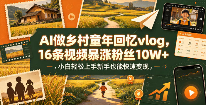 AI做乡村童年回忆vlog，16条视频暴涨粉丝10W+，小白轻松上手新手也能快速变现