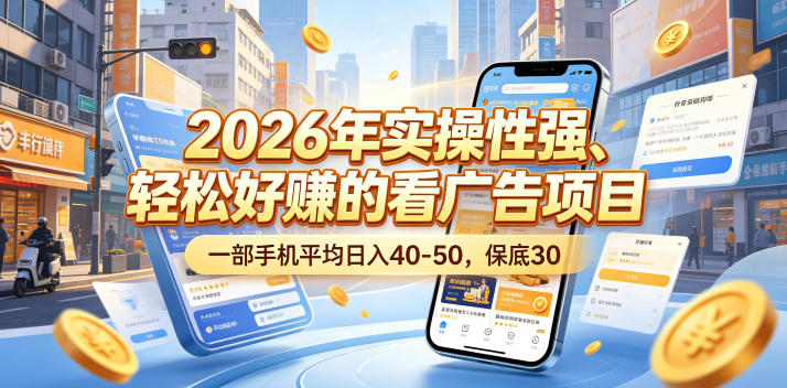 2026年实操性强、轻松好賺的看广告项目，一部手机平均日入40-50，保底30米【揭秘】