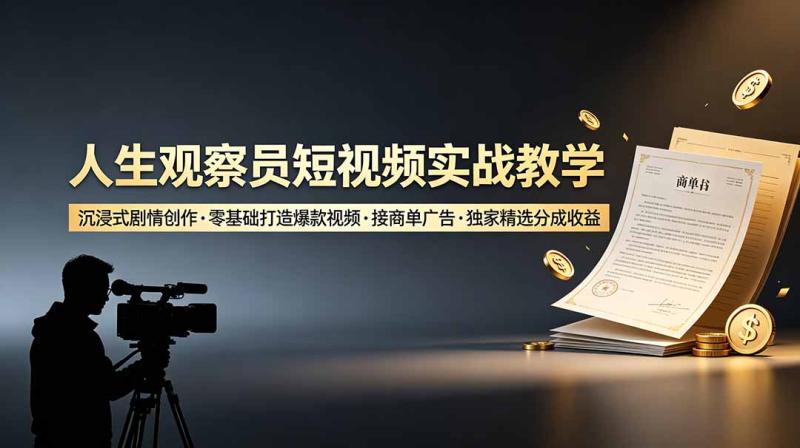 （19113期）人生观察员短视频实战教学，沉浸式剧情创作，零基础打造爆款视频，接商单广告，独家精选分成收益