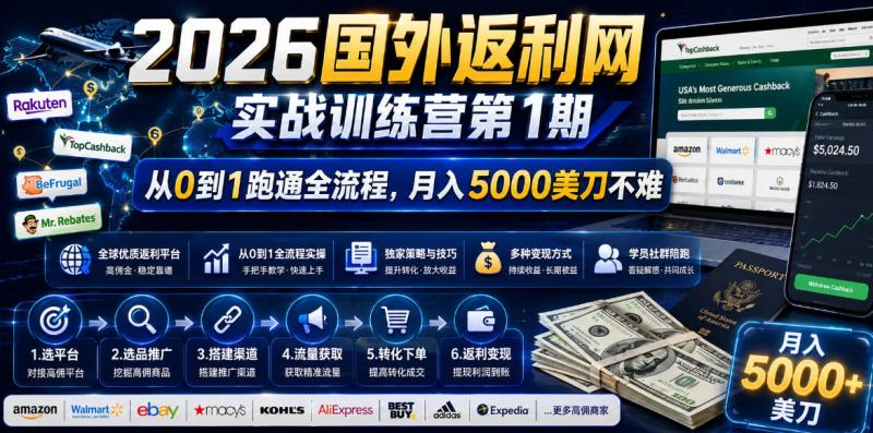 2026年国外返利网实战训练营第1期，从0到1跑通全流程，月入5000美刀不难