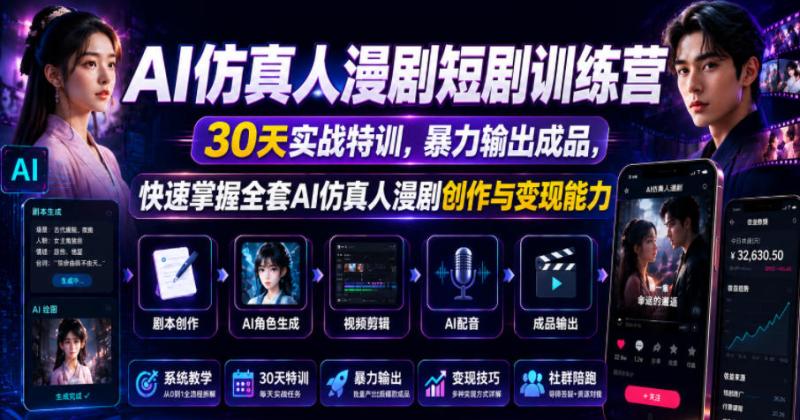 AI仿真人漫剧短剧训练营，30天实战特训，暴力输出成品，快速掌握全套AI仿真人漫剧创作与变现能力