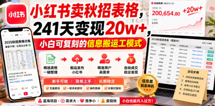 小红书卖秋招表格，241天变现20w+，小白可复刻的信息搬运工模式
