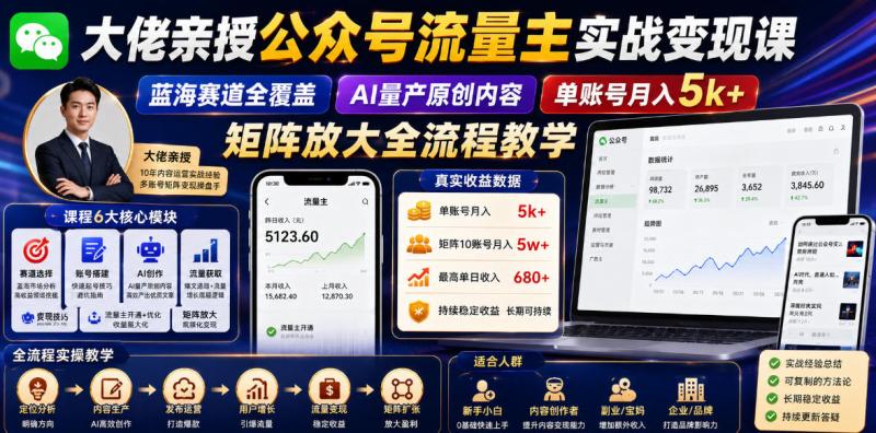 大佬亲授公众号流量主实战变现课，蓝海赛道全覆盖，AI量产原创内容，单账号月入5k+矩阵放大全流程教学
