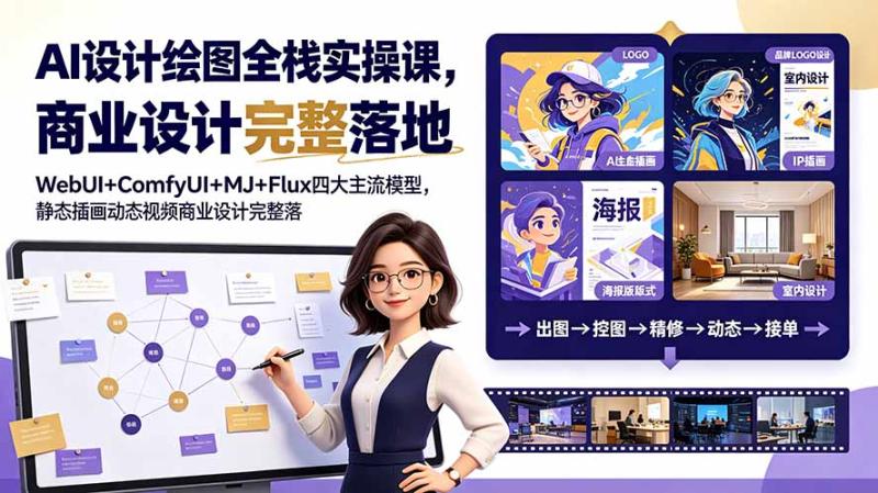 （19244期）AI设计绘图全栈实操课，WebUI+ComfyUI+MJ+Flux四大主流模型，静态插画动态视频商业设计完整落地教程