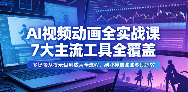 AI视频动画全实战课，7大主流工具全覆盖，多场景从提示词到成片全流程，副业接单账号变现提效