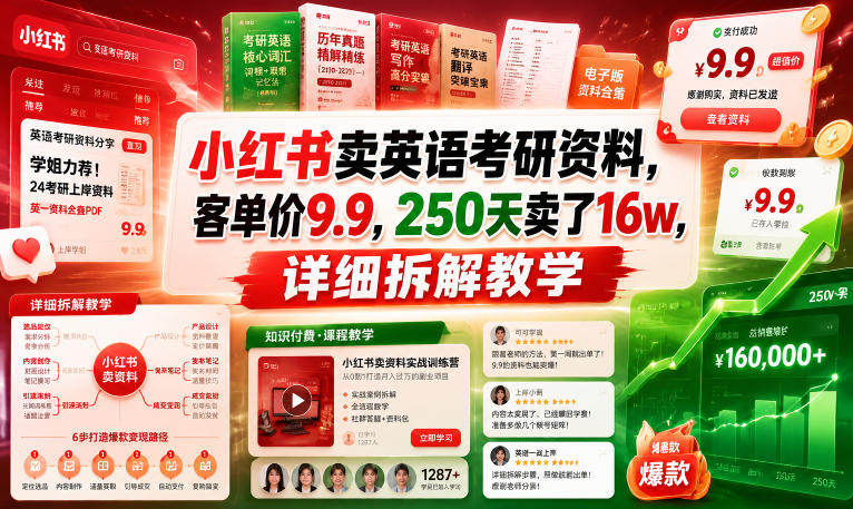 小红书卖英语考研资料，客单价9.9，250天卖了16w，详细拆解教学