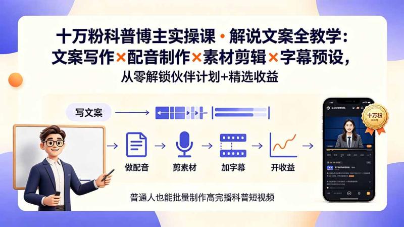（19275期）10万粉科普博主实操课-解说文案全教学：文案写作×配音制作×素材剪辑×字幕预设，从零解锁伙伴计划+精选收益