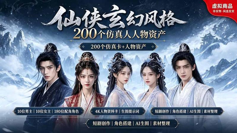 （19301期）200个仙侠玄幻仿真人素材◆10男主×10女主×180配角，4K资料卡+AI生图提示词，漫剧必备