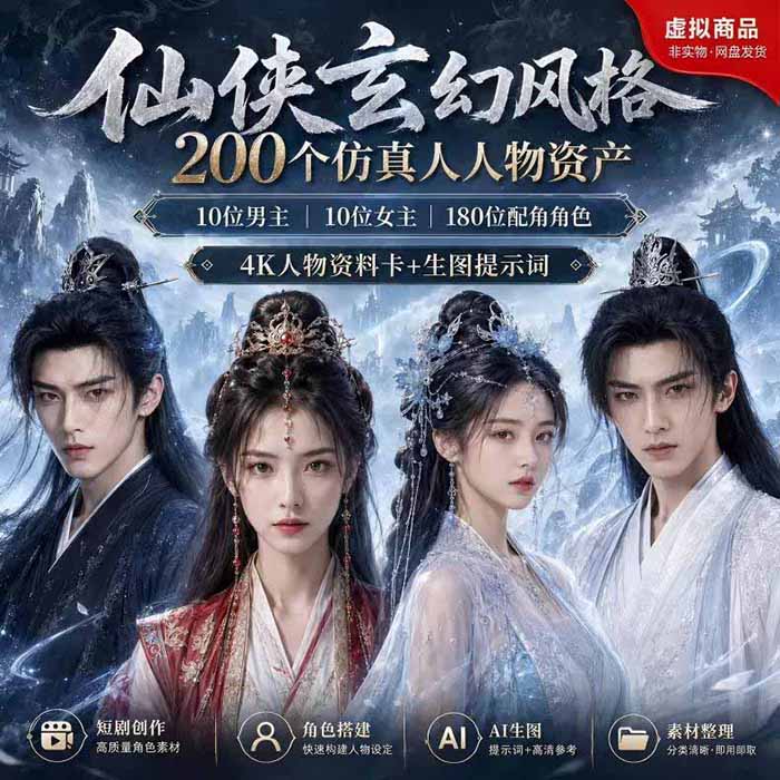 (19301期)200个仙侠玄幻仿真人素材◆10男主×10女主×180配角,4K资料卡+AI生图提示词,漫剧必备 (19301期)200个仙侠玄幻仿真人素材◆10男主×10女主×180配角,4K资料卡+AI生图提示词,漫剧必备
