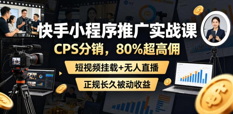 快手小程序推广实战课，CPS分销，80%超高佣，短视频挂载+无人直播，正规长久被动收益