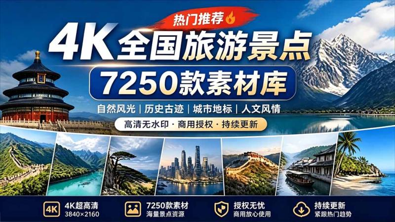 （19309期）热门全国旅游风景素材！4K全国旅游景点素材库，7250款素材，旅行达人城市航拍风景风光高清短视频