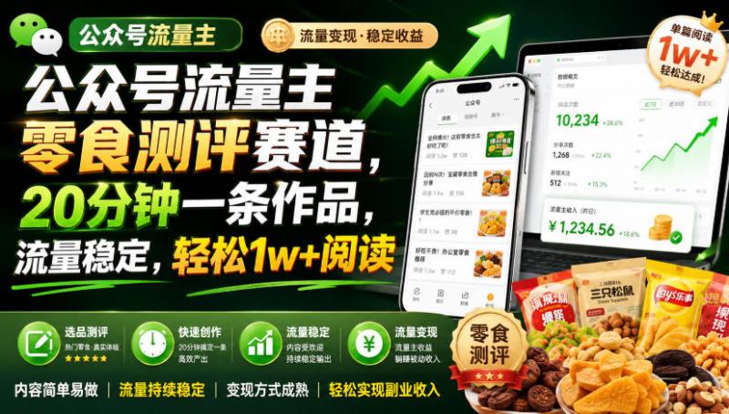 公众号流量主零食测评赛道，20分钟一条作品，流量稳定，轻松1w+阅读