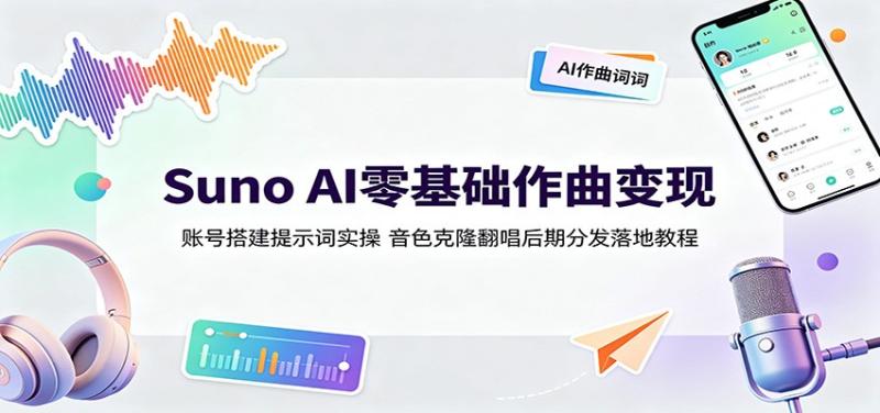 Suno AI零基础作曲变现：账号搭建提示词实操，音色克隆翻唱后期分发落地教程