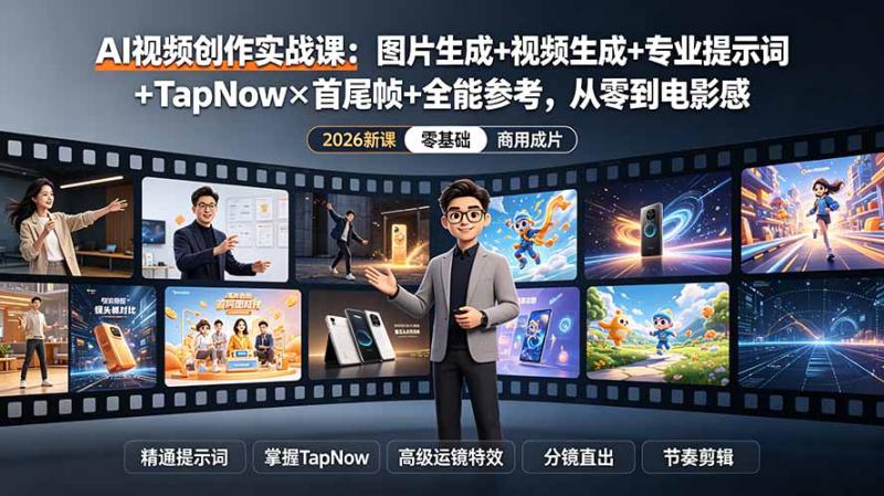（19383期）AI视频创作实战课：图片生成+视频生成+专业提示词+TapNow×首尾帧+全能参考，从零到电影感成片