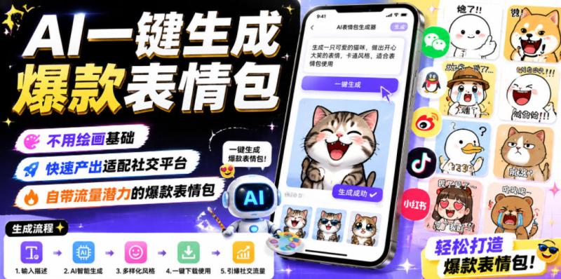 AI一键生成爆款表情包，不用绘画基础，快速产出适配社交平台，自带流量潜力的爆款表情包