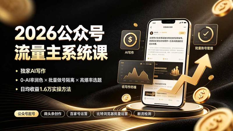 （19405期）2026公众号流量主系统课：独家AI写作×0-AI率润色×批量做号隔离×高爆率选题，日均收益1.6万实操方法