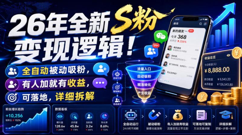 26年全新S粉变现逻辑!全自动被动吸粉,有人加就有收益,可落地,详细拆解 26年全新S粉变现逻辑!全自动被动吸粉,有人加就有收益,可落地,详细拆解