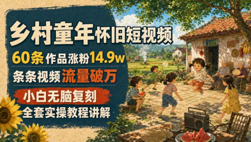 乡村童年怀旧短视频，60条作品涨粉14.9w，条条视频流量破万，小白无脑复刻，全套实操教程讲解