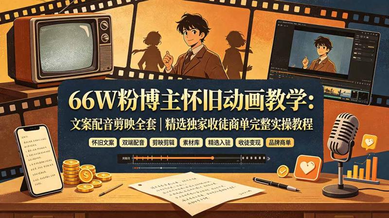 (19499期)66W粉博主怀旧动画教学:文案配音剪映全套|精选独家收徒商单完整实操教程 (19499期)66W粉博主怀旧动画教学:文案配音剪映全套|精选独家收徒商单完整实操教程