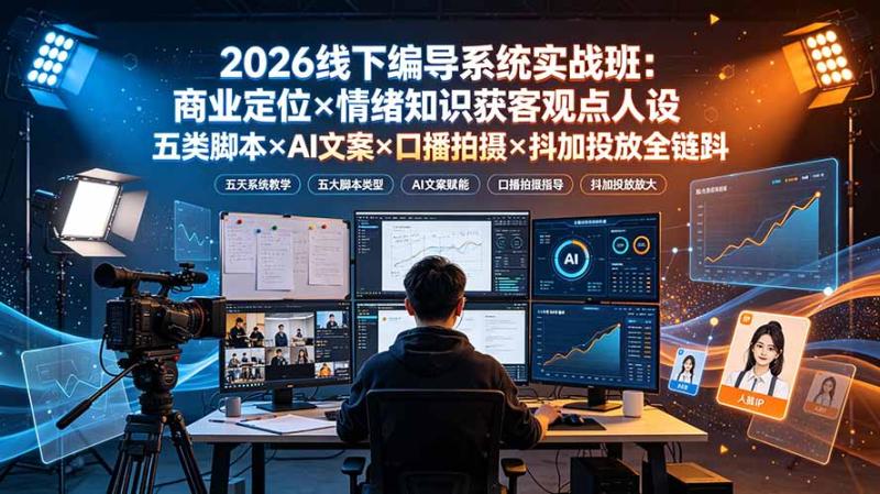 (19501期)2026线下编导系统实战班:商业定位×情绪知识获客观点人设五类脚本×AI文案×口播拍摄×抖加投放全链路 (19501期)2026线下编导系统实战班:商业定位×情绪知识获客观点人设五类脚本×AI文案×口播拍摄×抖加投放全链路
