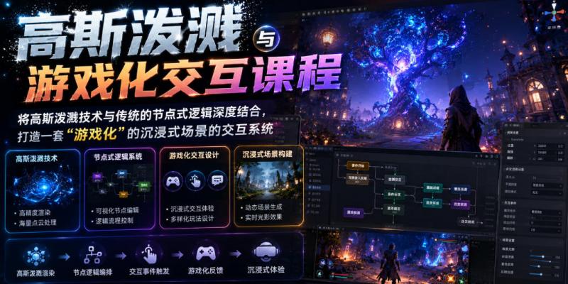 高斯泼溅与游戏化交互课程，将高斯泼溅技术与传统的节点式逻辑深度结合，打造一套“游戏化”的沉浸式场景的交互系统
